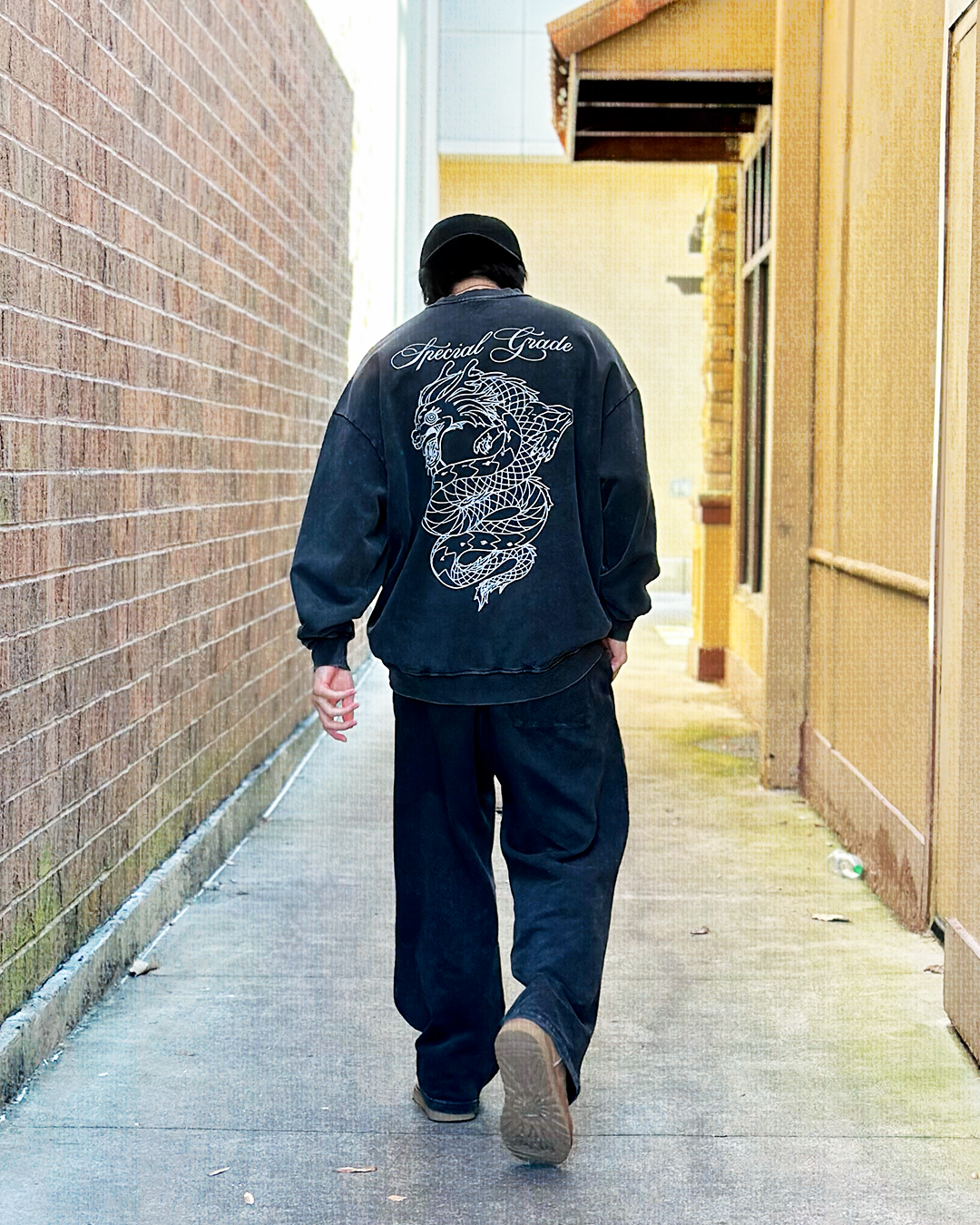 Rainbow Dragon Black Snow Washed Crewneck