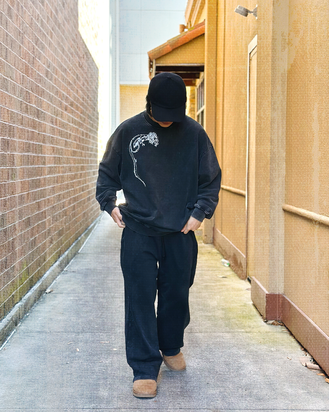 Rainbow Dragon Black Snow Washed Crewneck